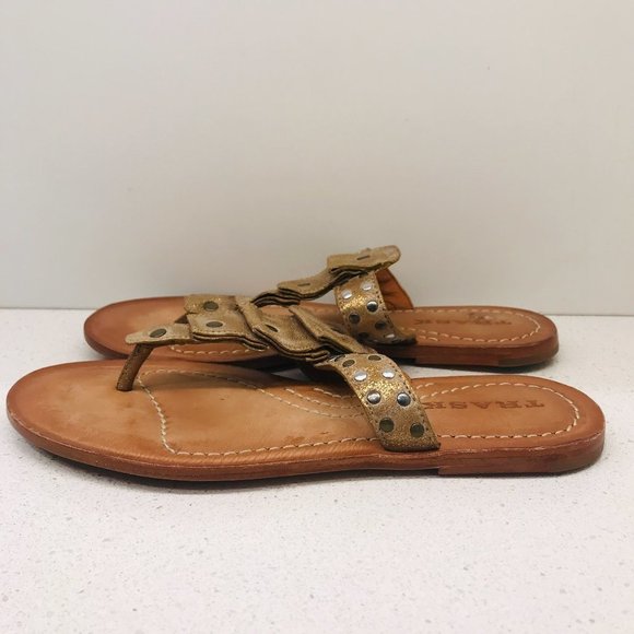 TRASK Tan Leather Sandals Thong Crackle Bronze Studded Cascade Padded Sz 7 - Picture 3 of 16